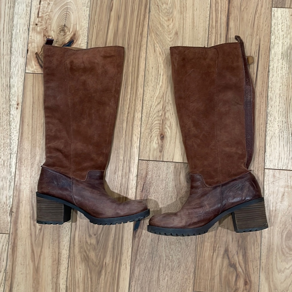Lucky Brand Leather And Suede Chunky Heel Brown Boots Size 9.5